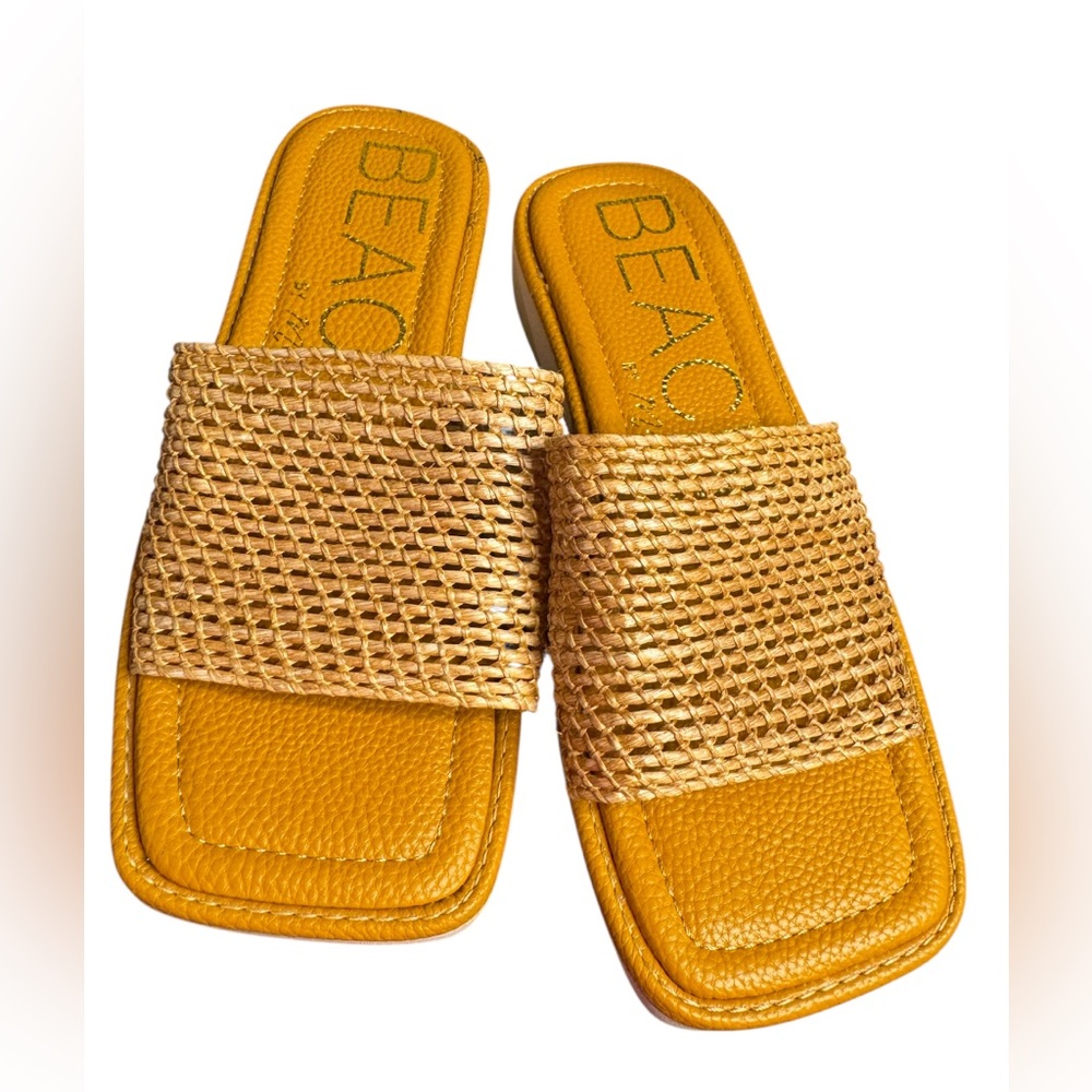 Matisse Gold Woven Strap Yellow Slide Sandals